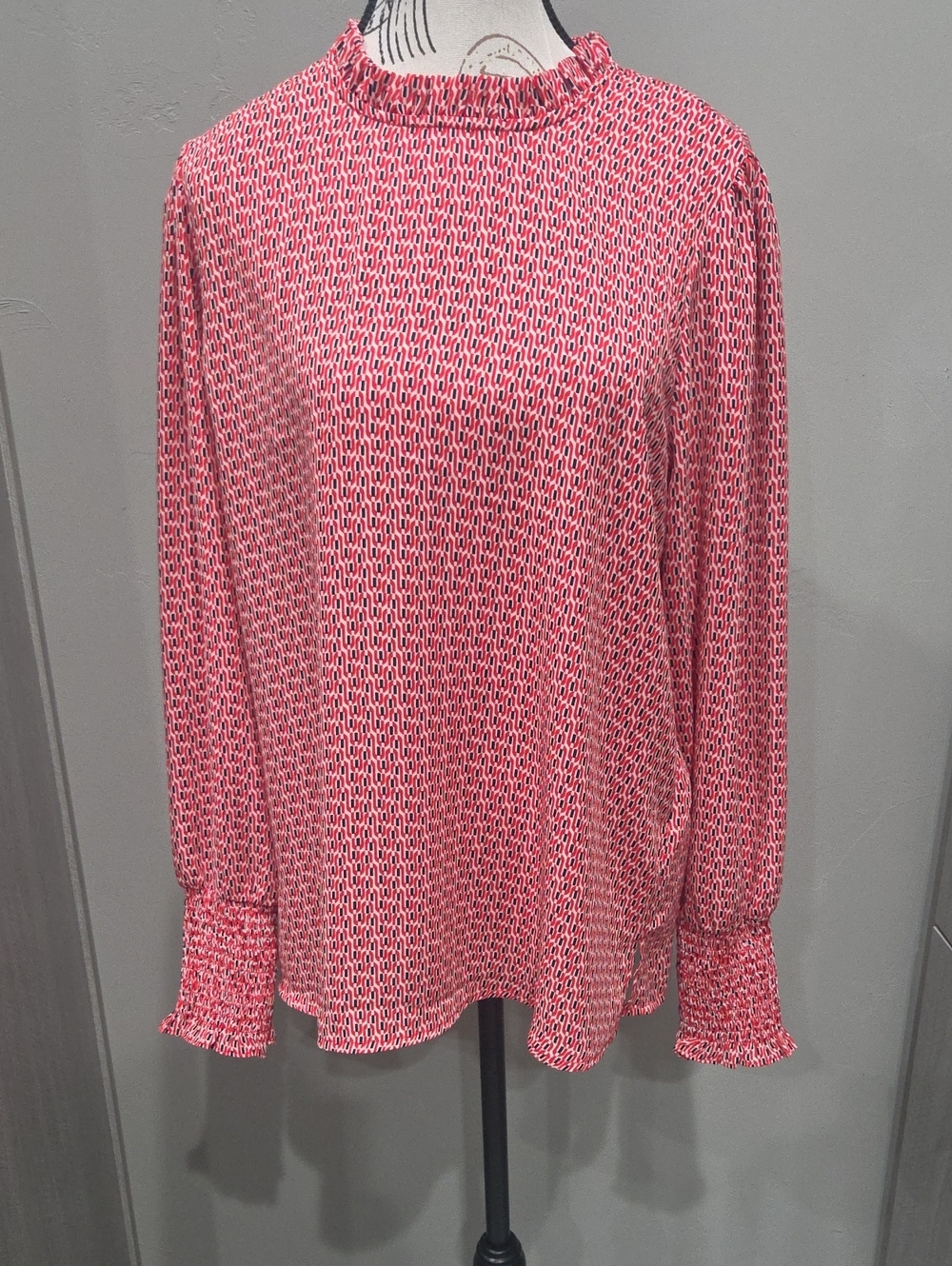 Carolina Belle Pink Printed Ruffle-Neck Long Sleeve Blouse